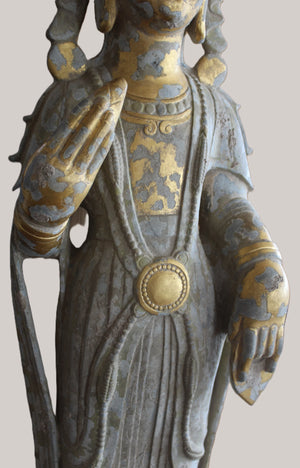 Buda y Bodhisattva en Piedra Tallada Dorada y Policromada