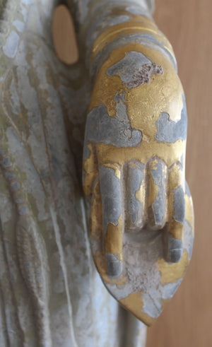 Buda y Bodhisattva en Piedra Tallada Dorada y Policromada