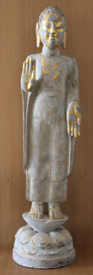 Buda y Bodhisattva en Piedra Tallada Dorada y Policromada