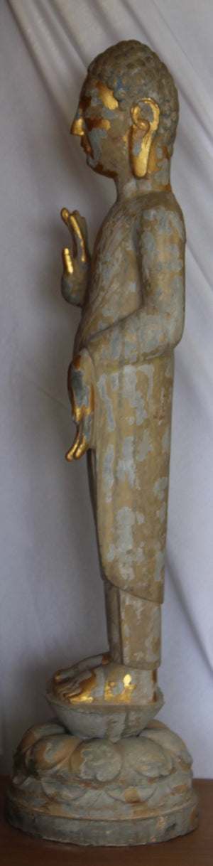 Buda y Bodhisattva en Piedra Tallada Dorada y Policromada