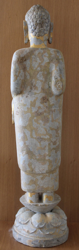 Buda y Bodhisattva en Piedra Tallada Dorada y Policromada