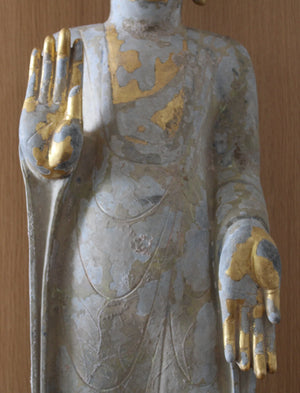 Buda y Bodhisattva en Piedra Tallada Dorada y Policromada