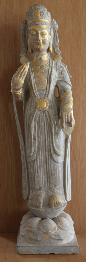 Buda y Bodhisattva en Piedra Tallada Dorada y Policromada