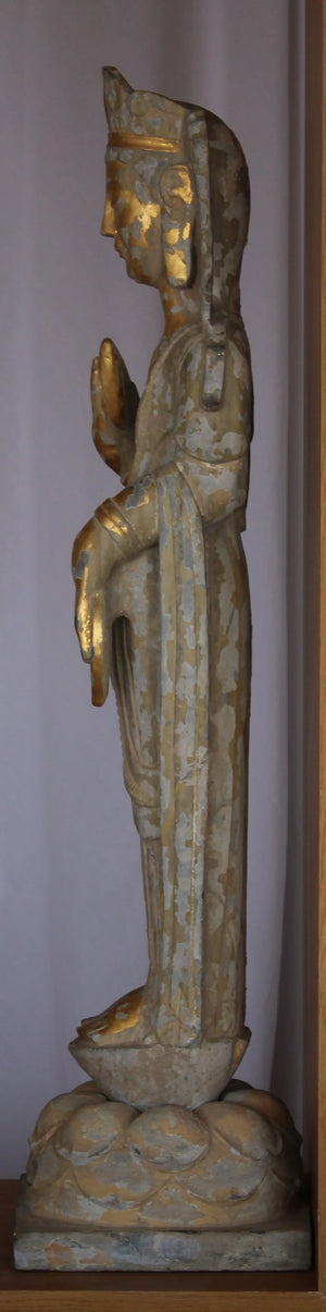 Buda y Bodhisattva en Piedra Tallada Dorada y Policromada