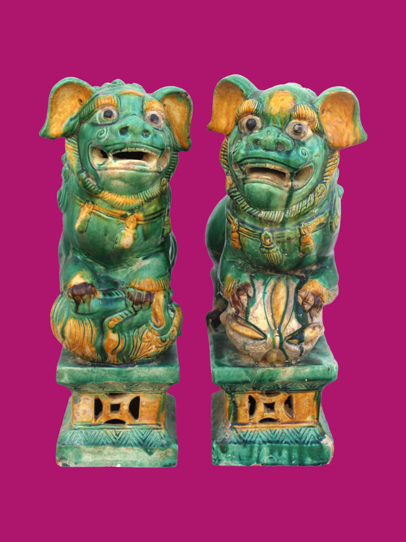 Pareja de Leones Foo en Cerámica Sancai