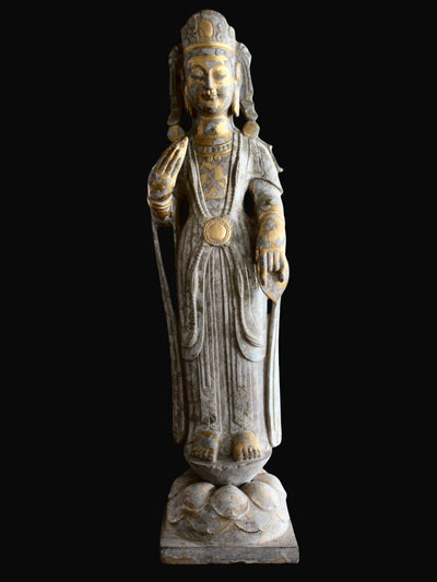 Buda y Bodhisattva en Piedra Tallada Dorada y Policromada